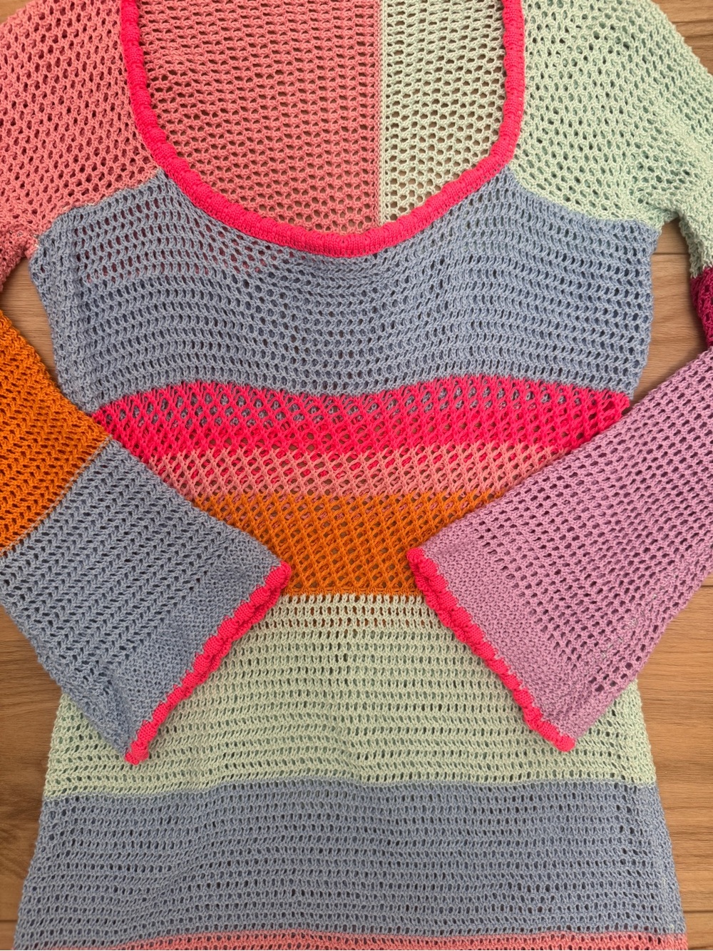 SOLD • Striped Crochet Beach Cover-Up Mini Dress in Pastel Rainbow Size Large - Picture 5 of 7